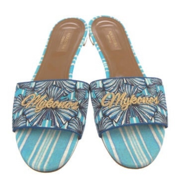 AQUAZZURA Mykonos Shell-Print Slide Sandals Blue Pattern Bright Travel Slides 41 - Picture 6 of 12